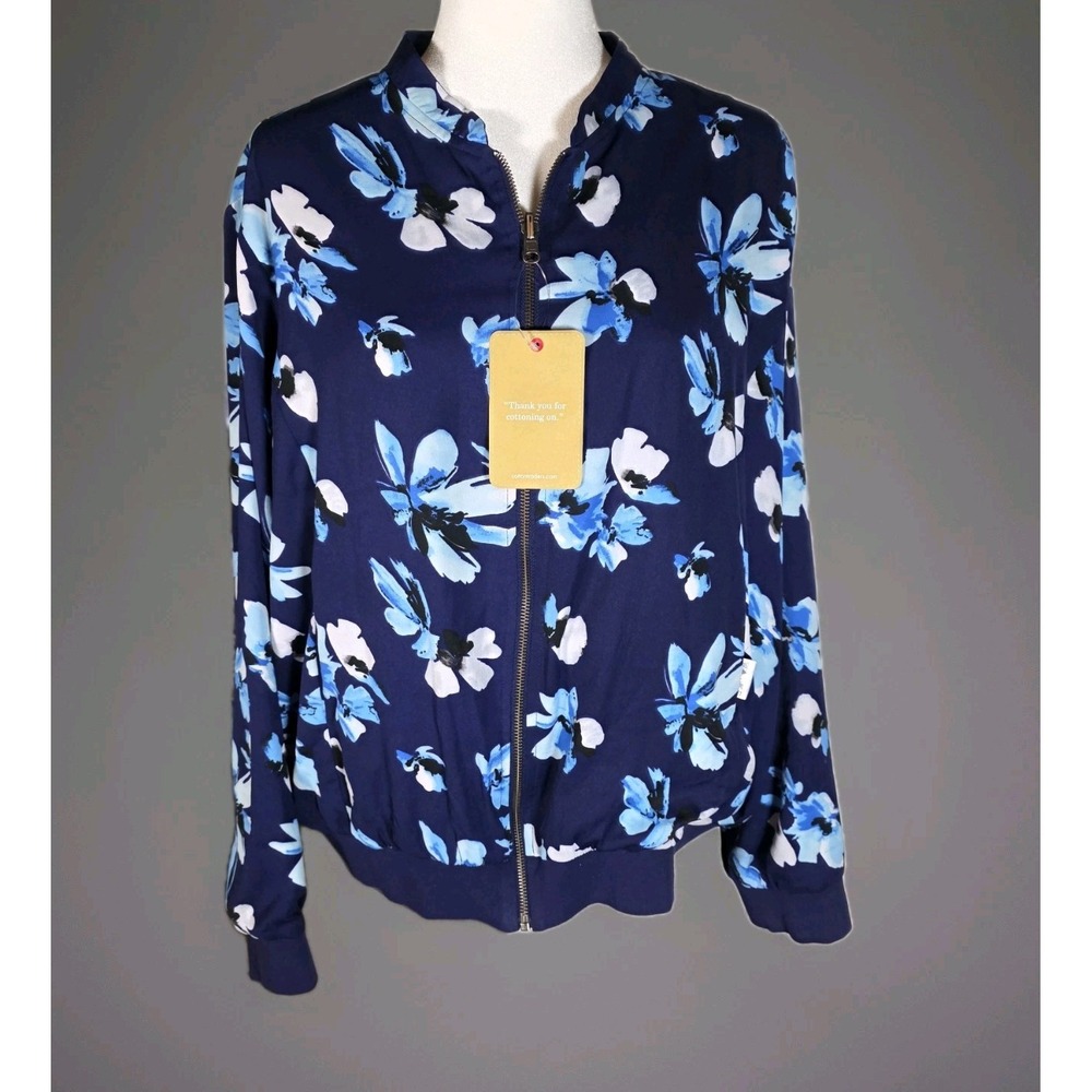 COTTON TRADERS Reversible Navy Blue Floral‎ Print Full Zip Jacket Size 18